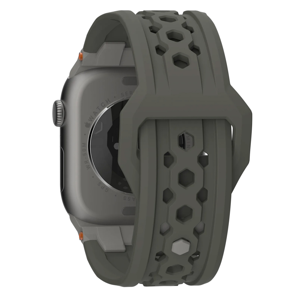 Szary Apple Watch z szarym paskiem. Pasek ma wzór plastra miodu.