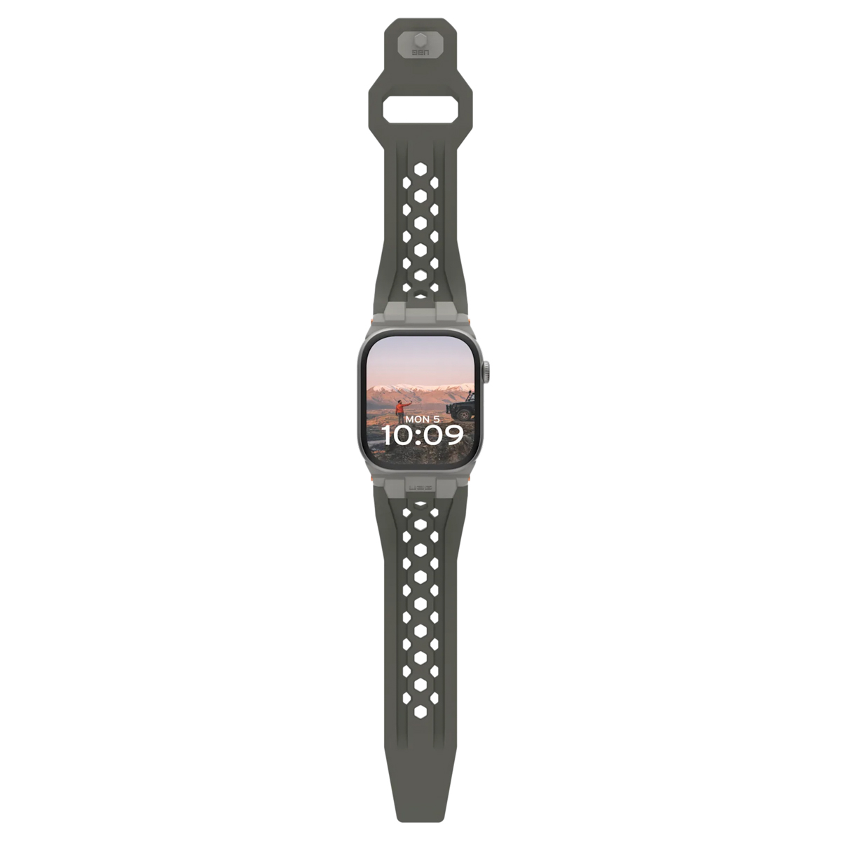 Smartwatch z szarym paskiem, wyświetlający krajobraz na ekranie, białe tło.