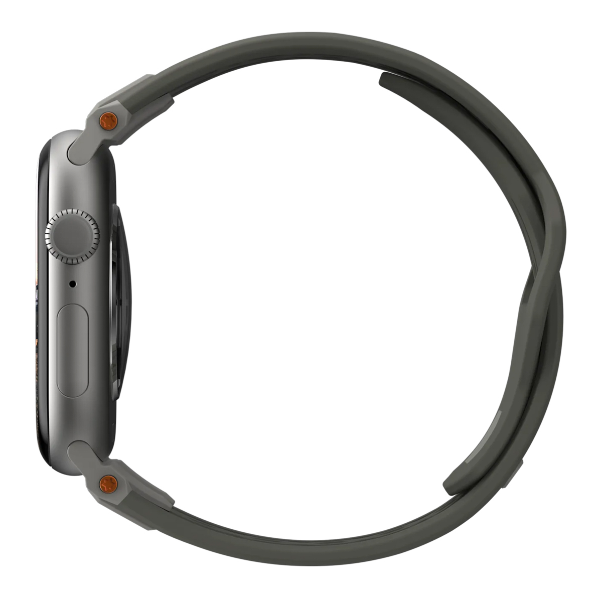 Srebrny smartwatch z szarym paskiem. Zegarek jest widoczny z boku, białe tło.