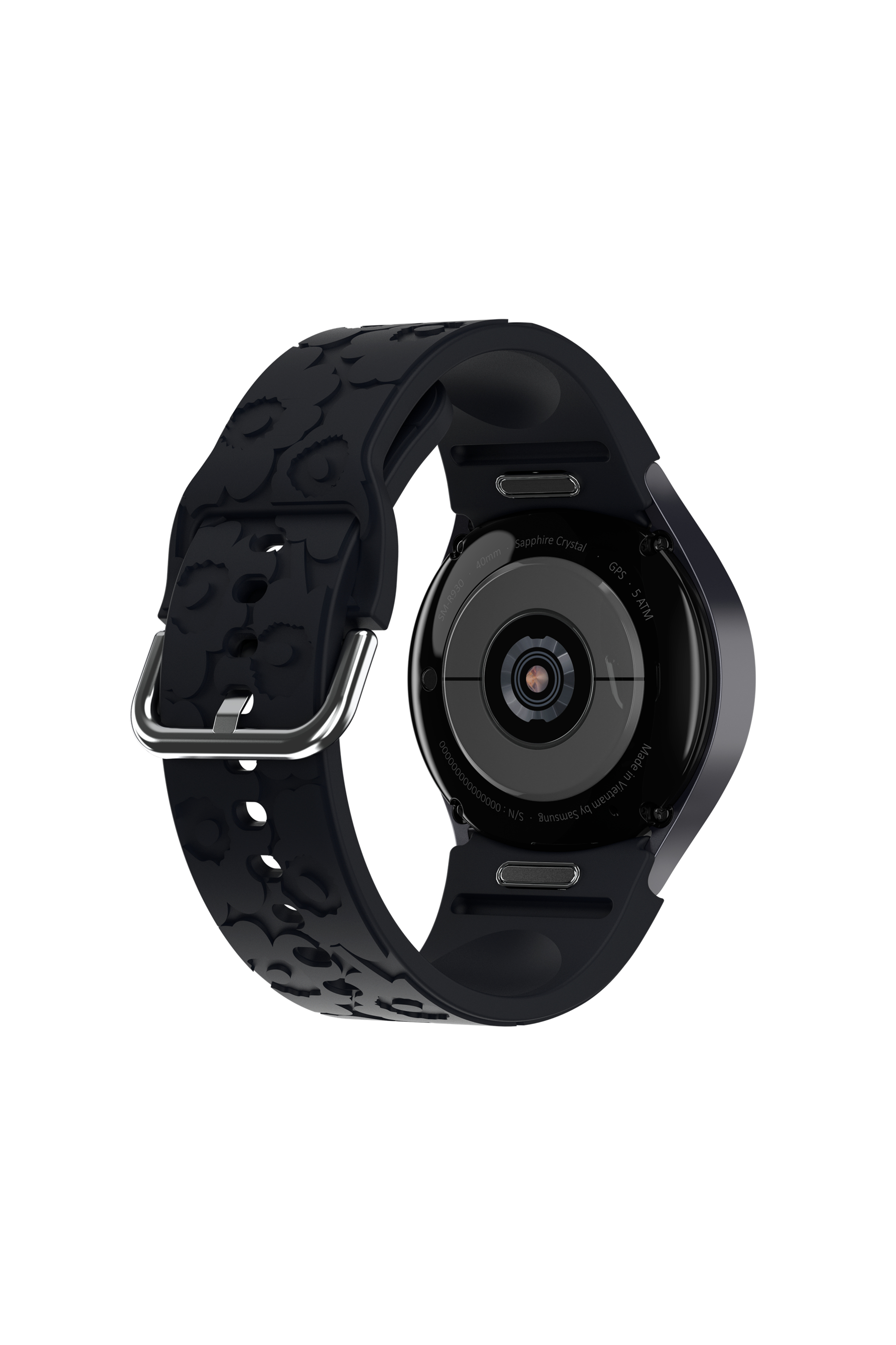 Die Rückseite einer schwarzen Smartwatch mit schwarzem Armband. Sie hat Sensoren und Markierungen.