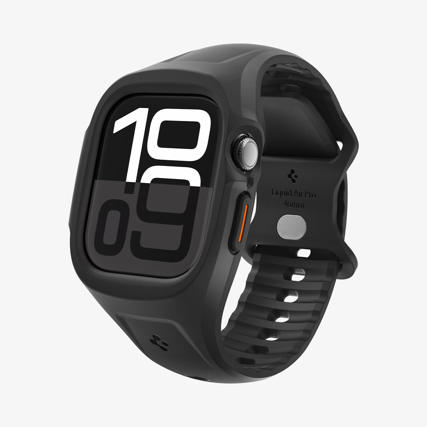 Czarny Apple Watch z czarną obudową, pokazujący godzinę 19:09. Ma przycisk i pasek.