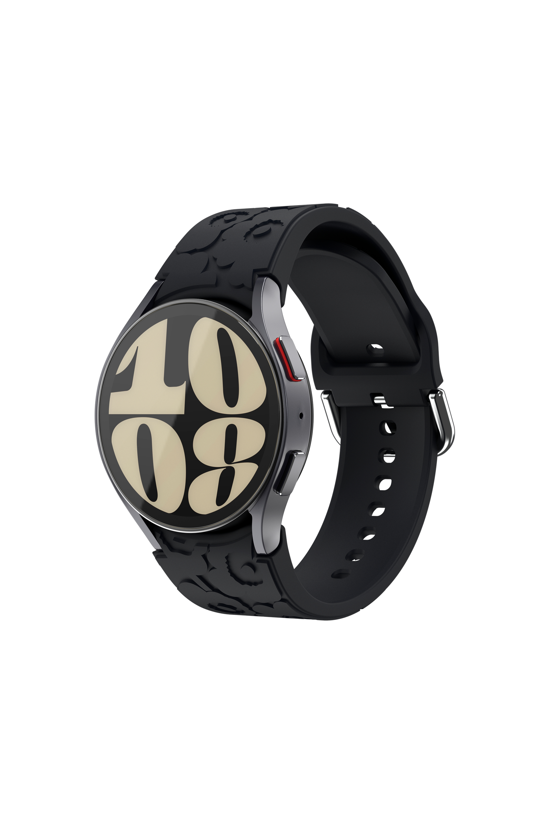 Runde schwarze Smartwatch mit schwarzem Armband, zeigt die Zeit.