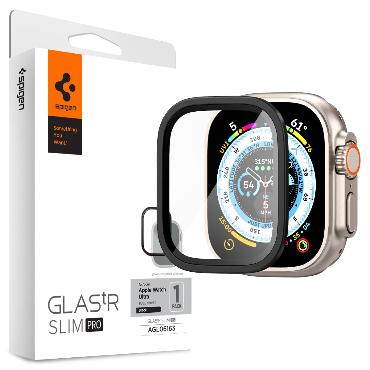 Apple Watch, ochrona ekranu i opakowanie na białym tle. Tarcza zegarka pokazuje różne dane.