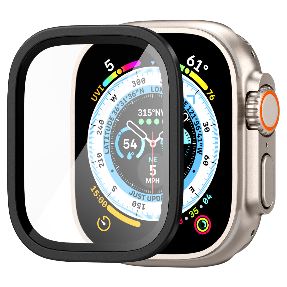 Apple Watch z ochroną ekranu. Tarcza zegarka wyświetla dane, w tym czas i lokalizację.