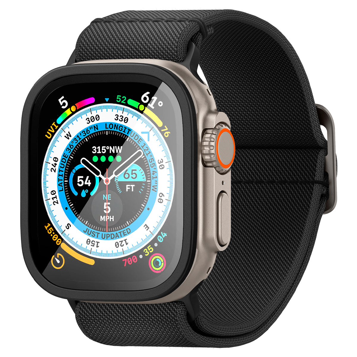 Srebrny smartwatch z czarnym paskiem, wyświetlający informacje cyfrowe.