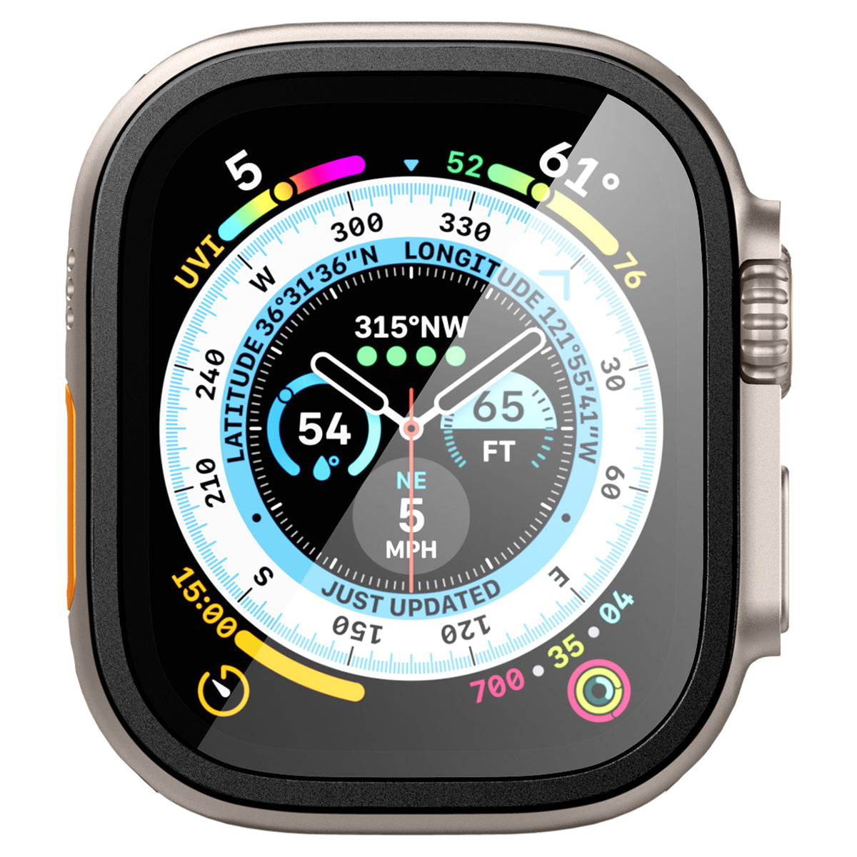 Apple Watch Ultra z wyświetlonymi danymi. Zegarek pokazuje czas, lokalizację i inne dane aktywności.