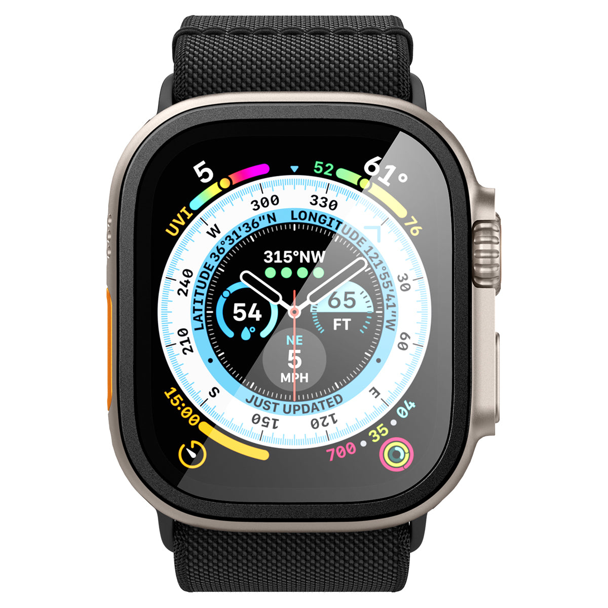 Smartwatch z czarnym paskiem i złożonym wyświetlaczem pokazującym różne wskaźniki.