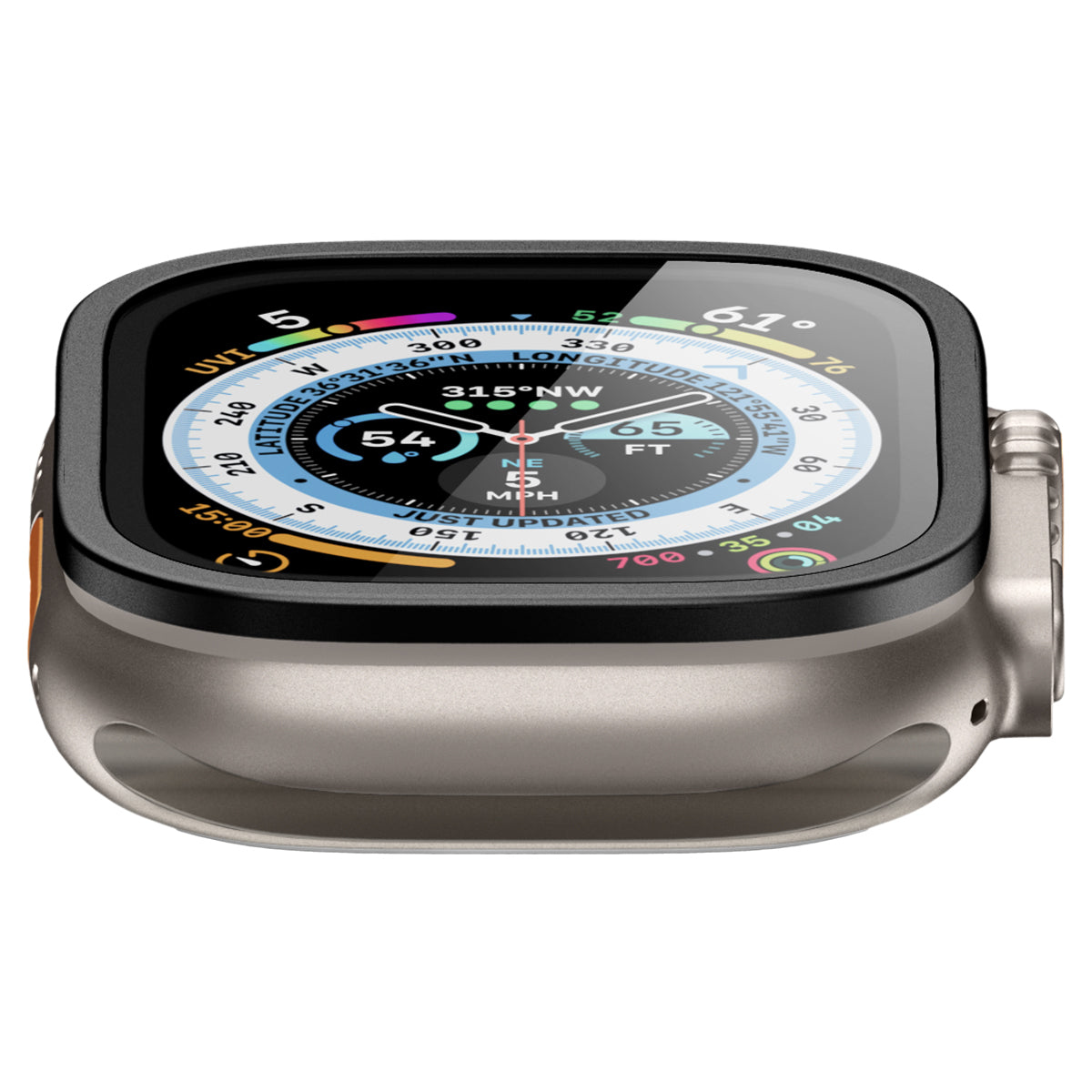 Smartwatch z czarnym ekranem i srebrną obudową. Czarny pasek. Pokazuje różne wskaźniki.