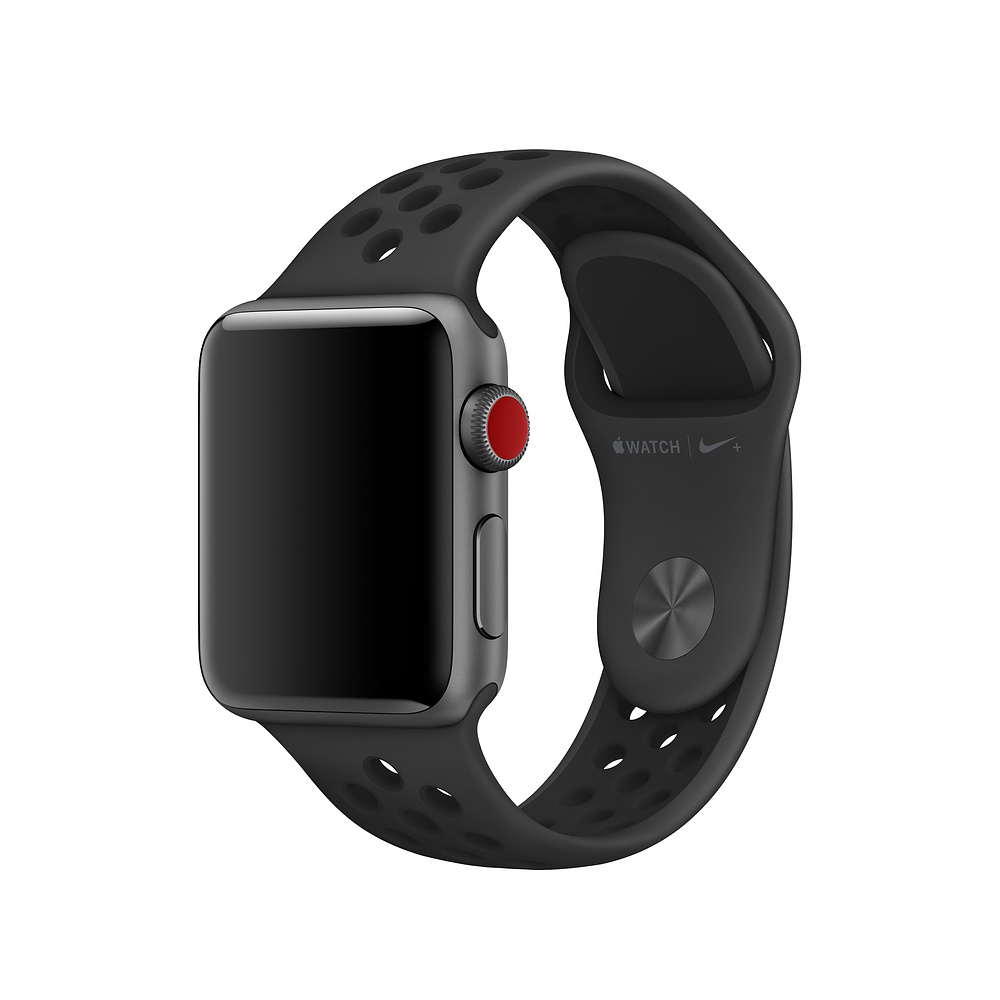 Apple Watch nera su sfondo bianco. L'orologio ha uno schermo nero, una corona digitale rossa e cinturino nero.