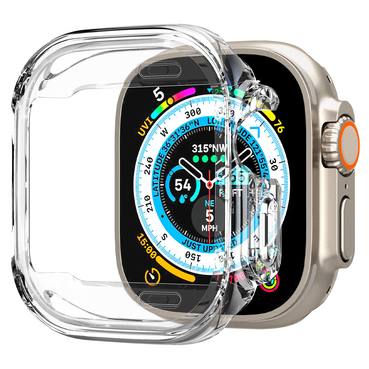 Apple Watch con custodia protettiva trasparente. Lo schermo mostra informazioni.