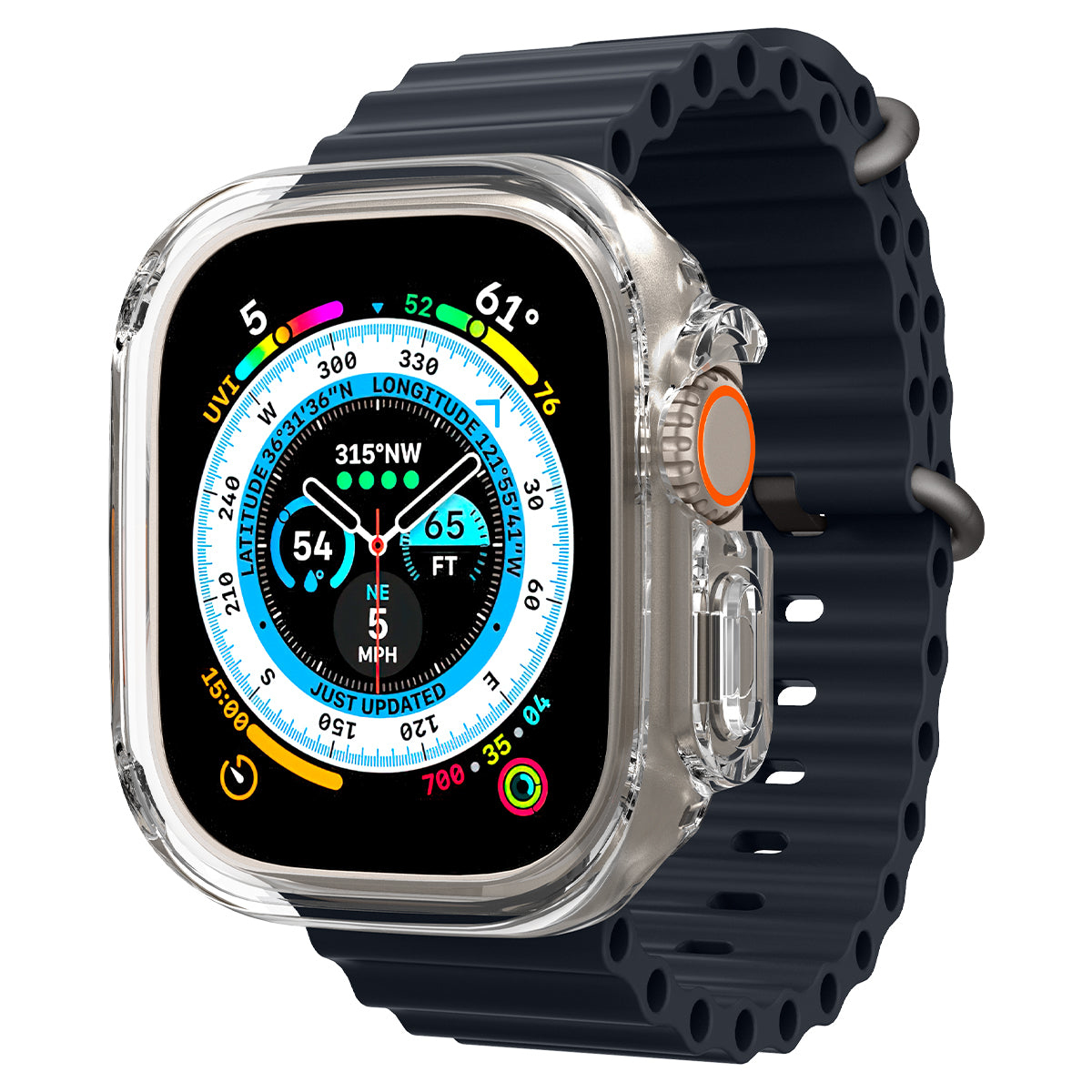 Un Apple Watch Ultra nero con custodia protettiva, dati e cinturino scuro.