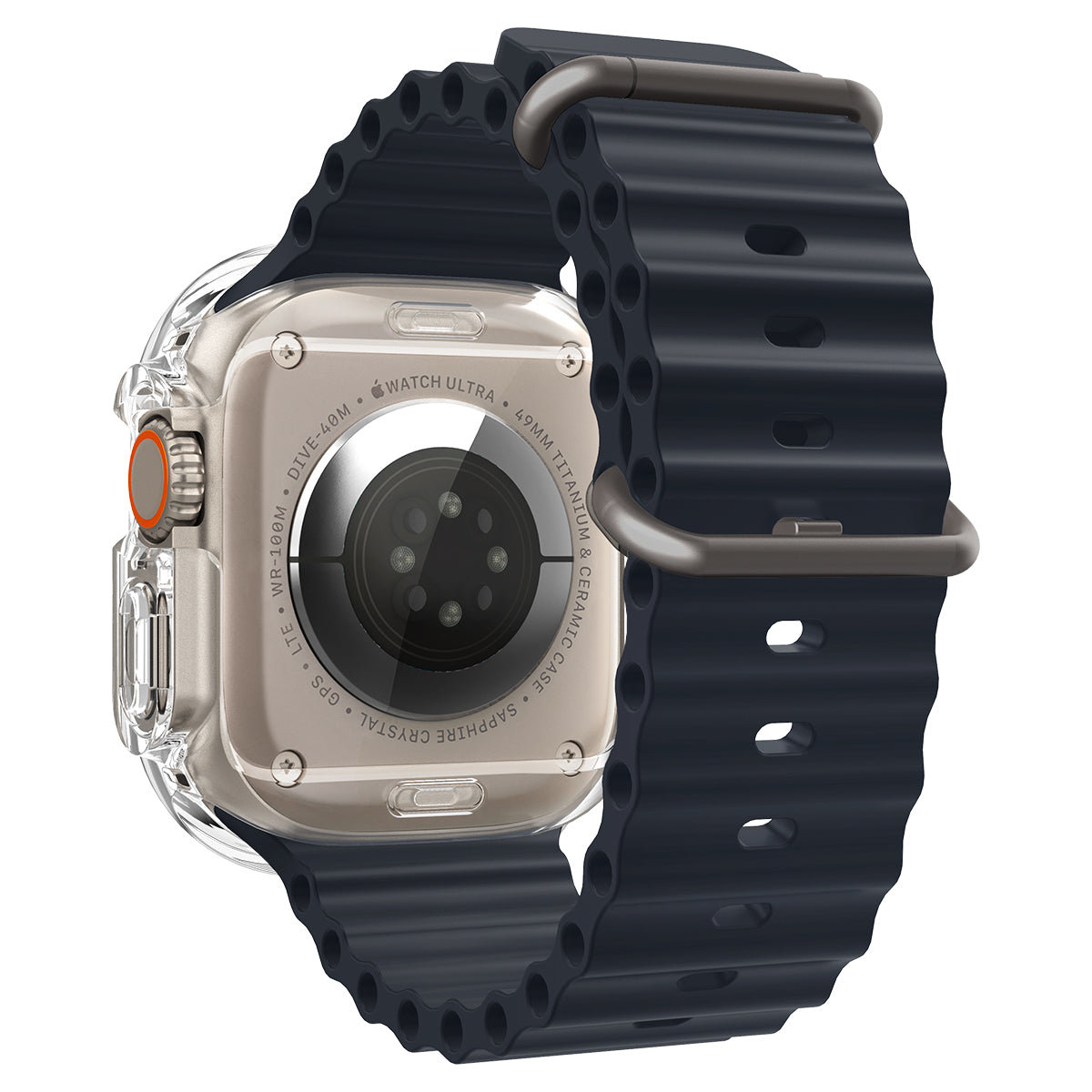 Apple Watch Ultra argento con cinturino blu scuro, custodia trasparente. Schermo nero.