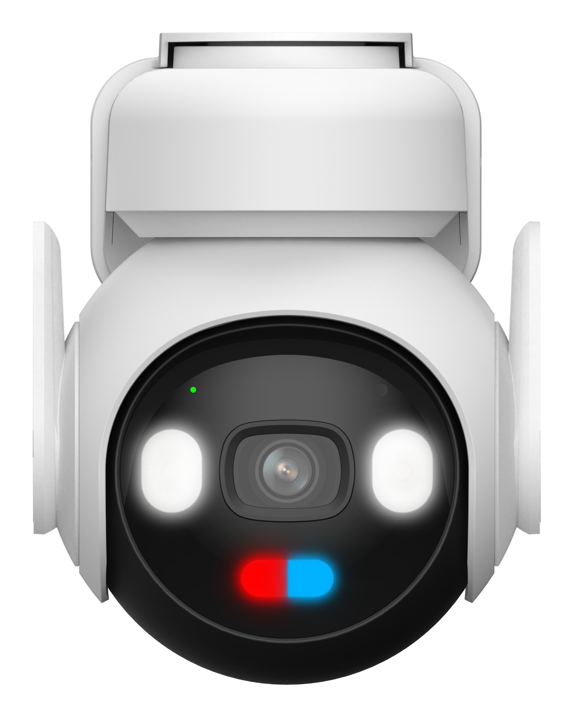 Biała kamera bezpieczeństwa ze światłami, czerwonym i niebieskim.