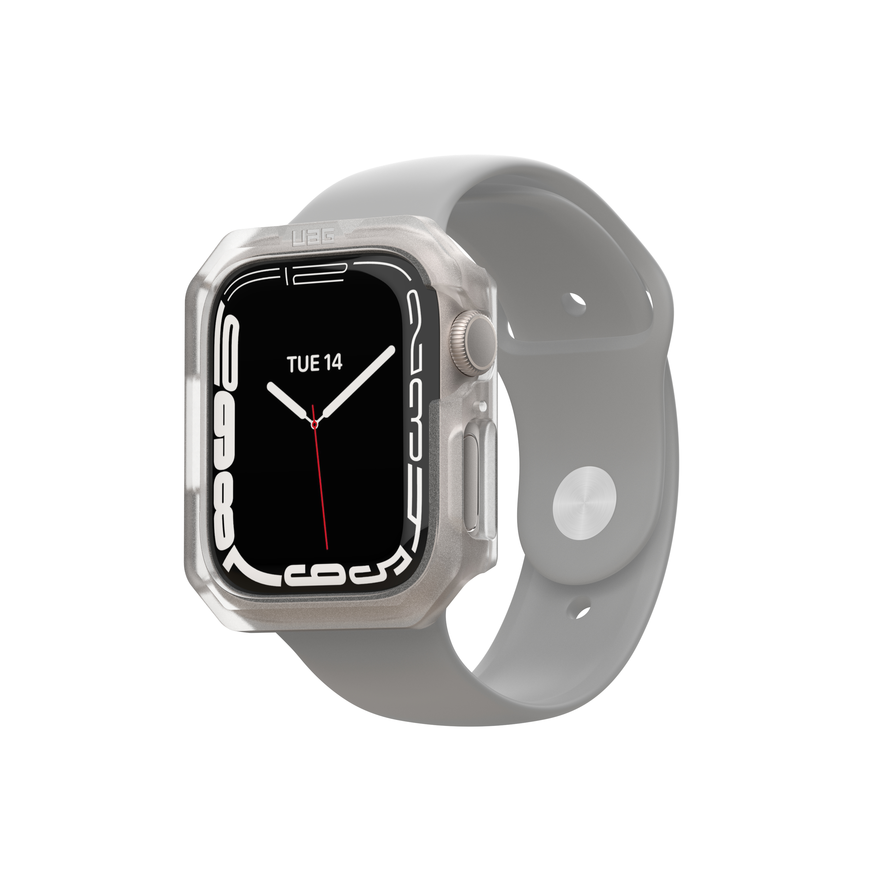 Smartwatch con cinturino grigio e custodia trasparente. Visualizza la data e l'ora.