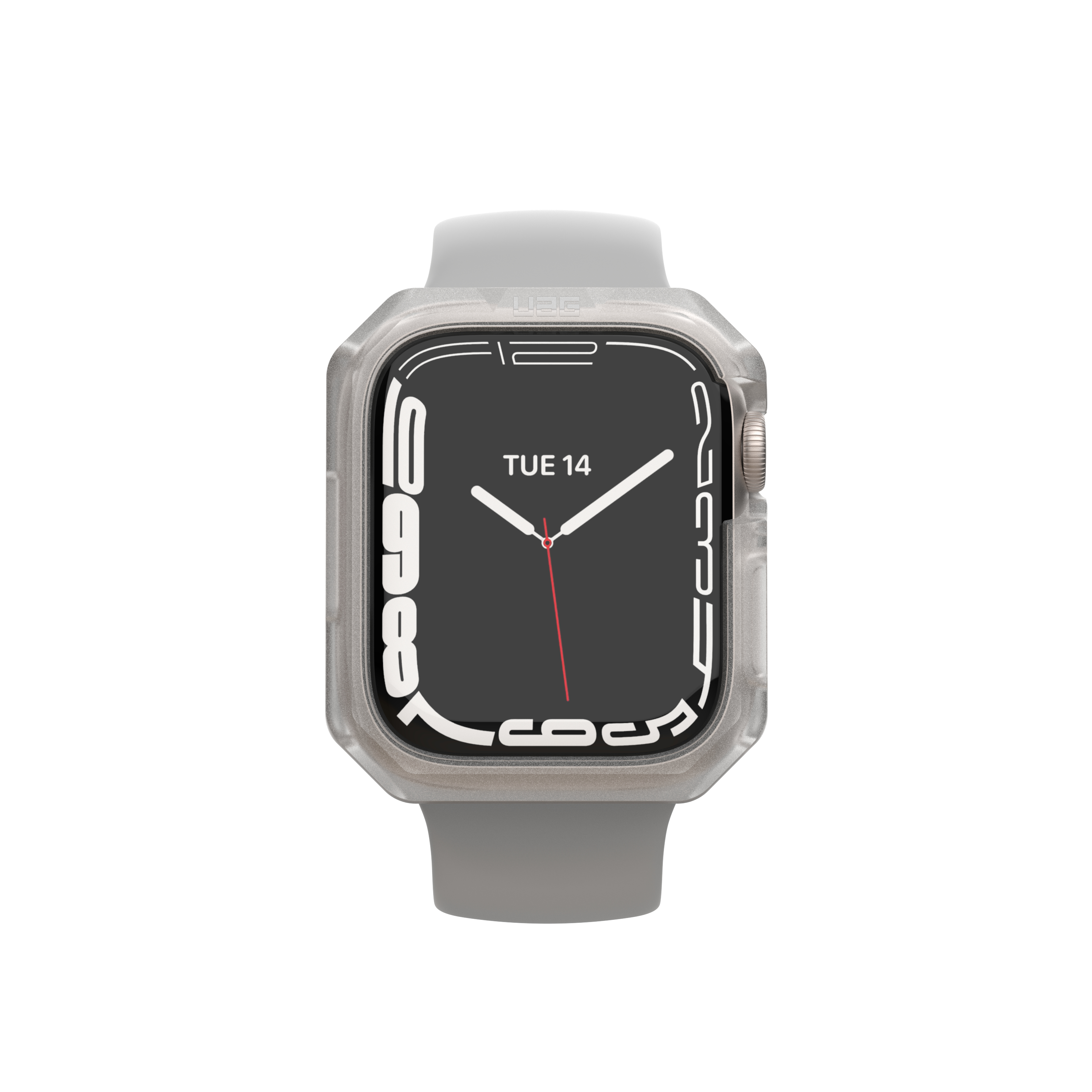 Smartwatch con cinturino grigio e custodia trasparente, mostra data e ora.
