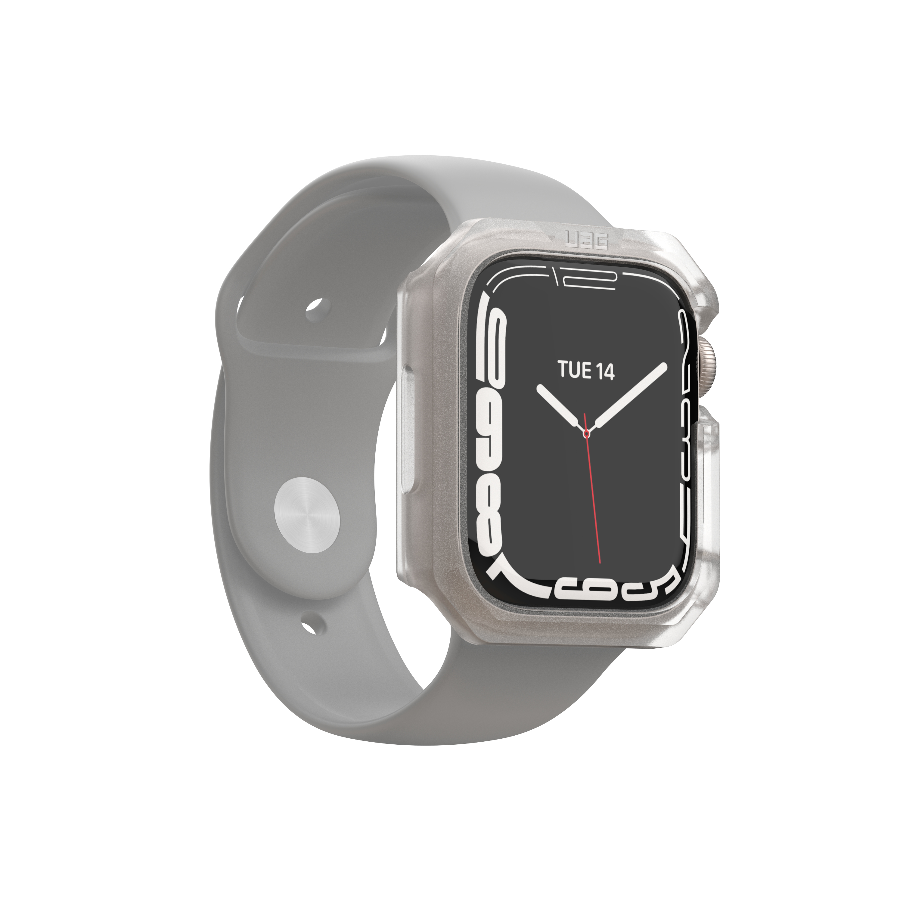 Un Apple Watch con cinturino grigio e custodia protettiva trasparente. Il quadrante mostra la data.
