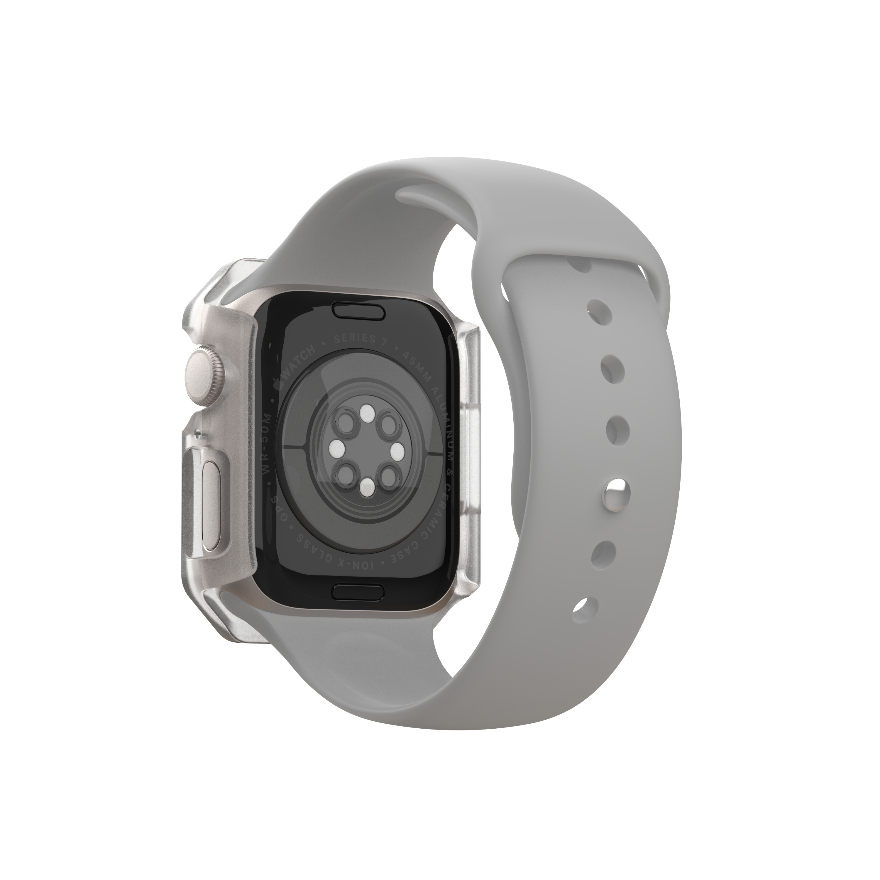 Apple Watch grigia con cinturino grigio, vista posteriore. Custodia trasparente.