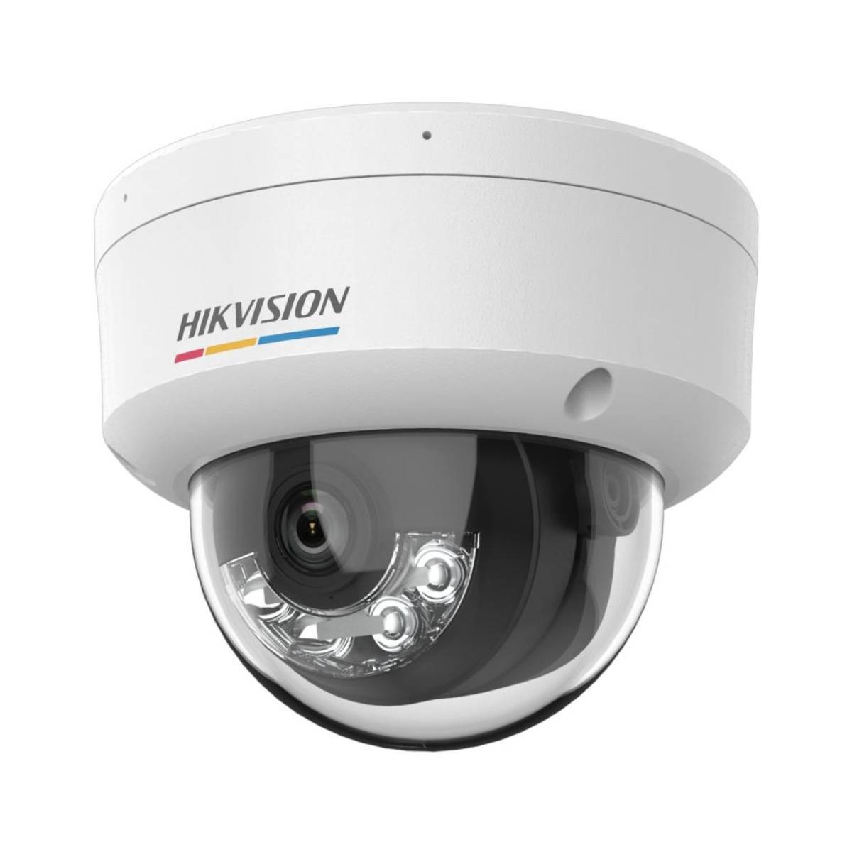 Weiße Kuppel-Überwachungskamera mit HIKVISION-Logo. Schwarze Linse und mehrfarbiger Streifen.
