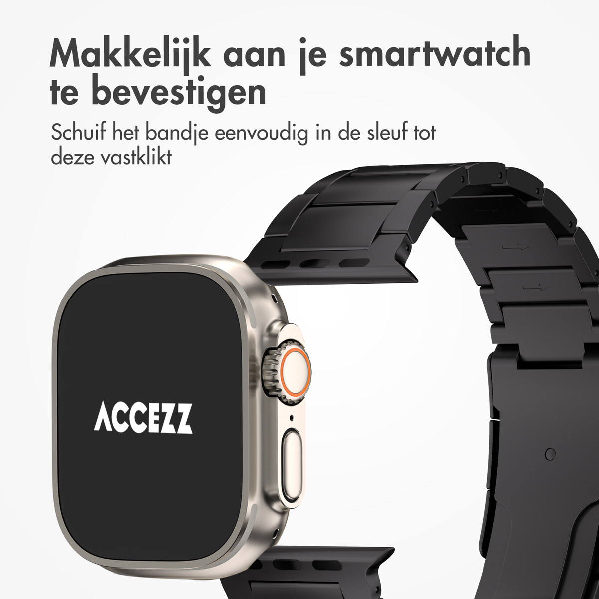 Srebrny smartwatch z czarną metalową bransoletą. Tarcza wyświetla ACCEZZ. Tekst w języku niderlandzkim na górze.