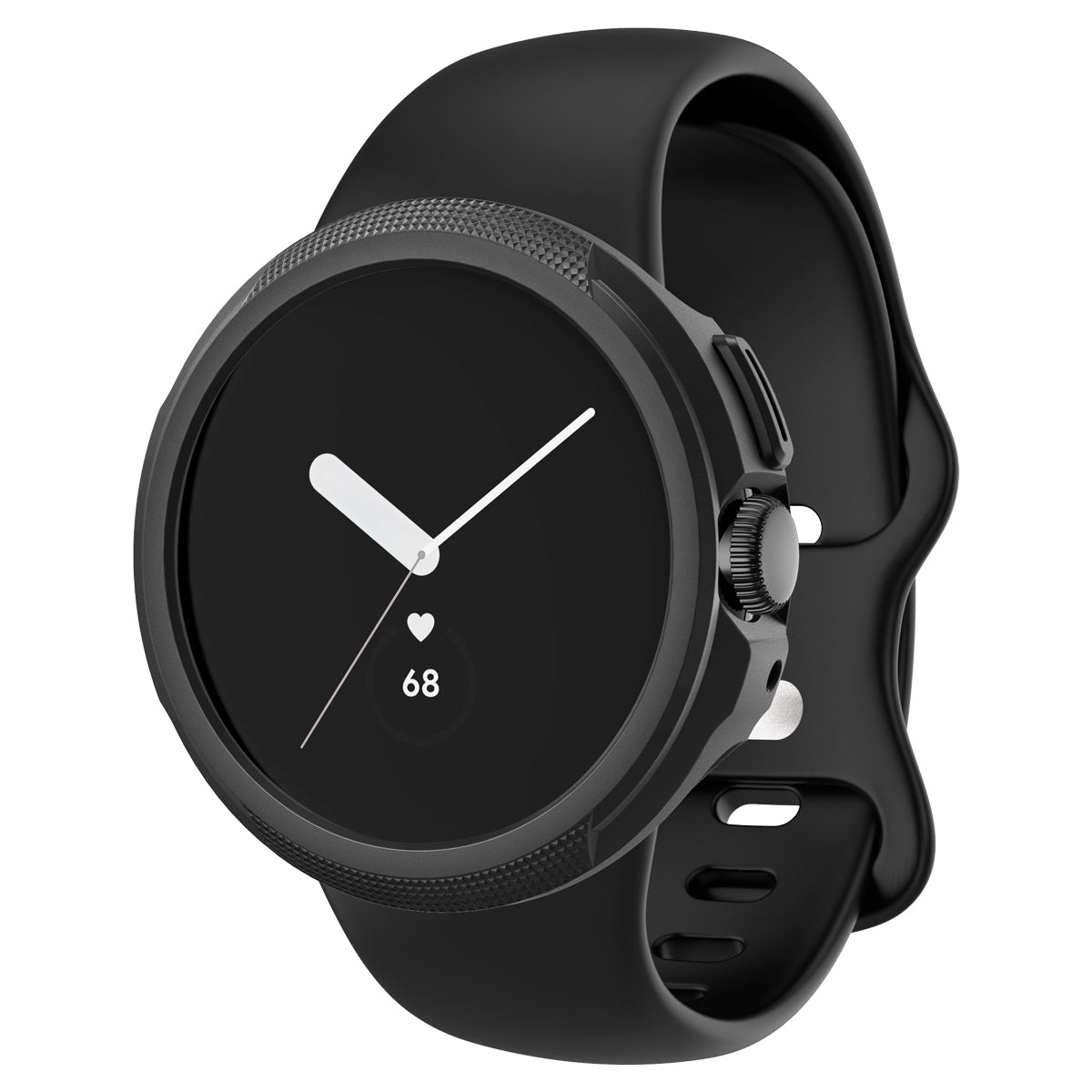 Czarny smartwatch z czarną obudową, wyświetlający tarczę zegara z białymi wskazówkami i detalami.
