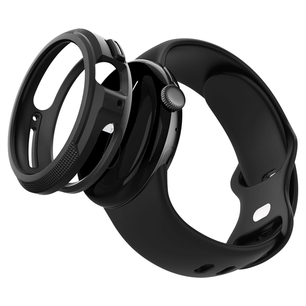 Czarny smartwatch, z odłączoną czarną obudową i czarnym paskiem.