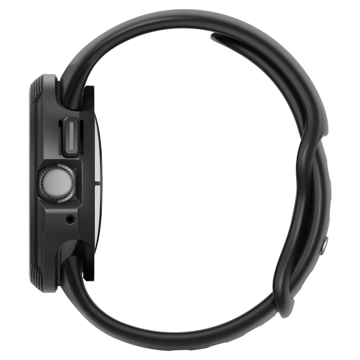 Czarny smartwatch, widok z boku, o zaokrąglonym kształcie. Pasek również czarny.