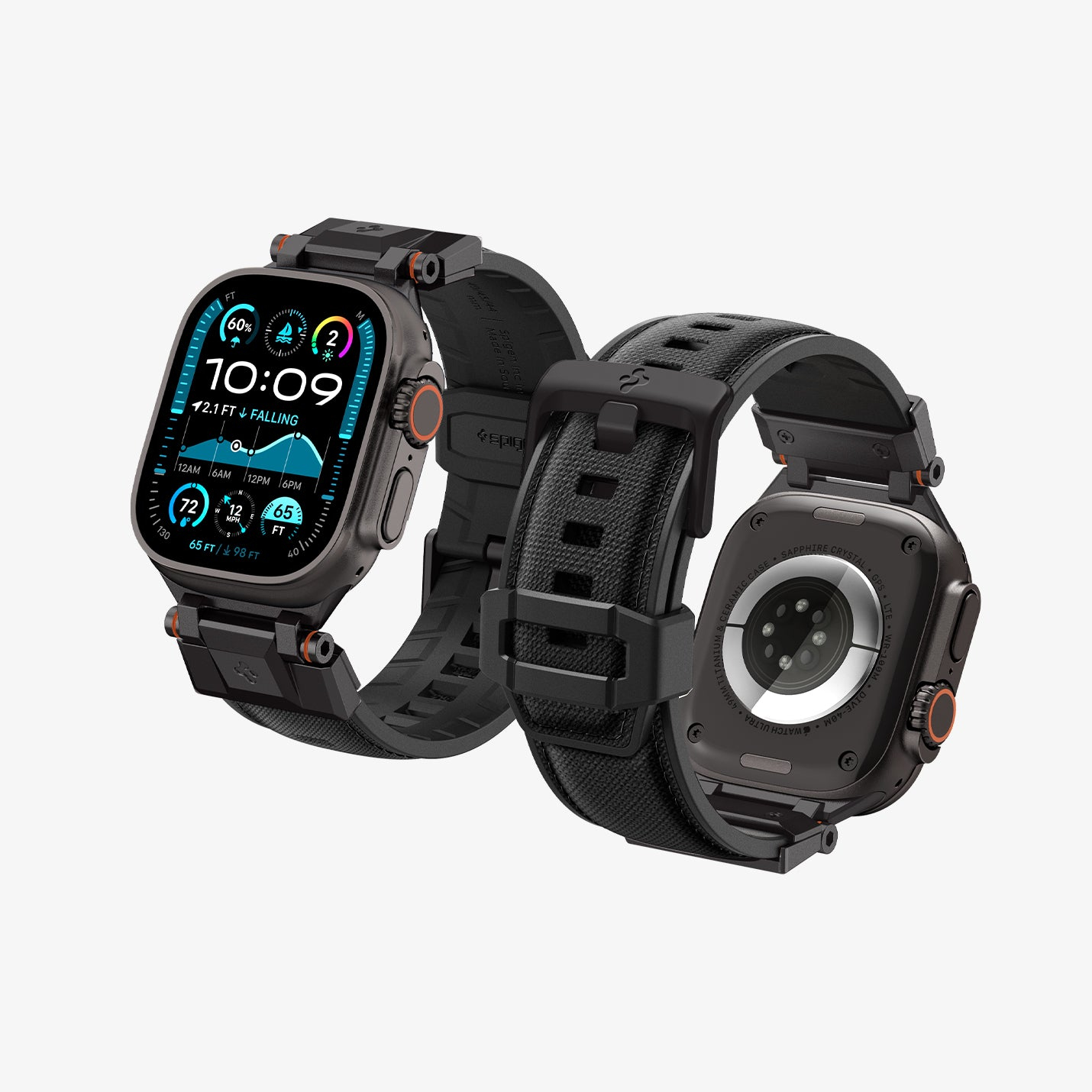 Due smartwatch neri, con cinturini neri e dettagli arancioni, uno accanto all'altro.