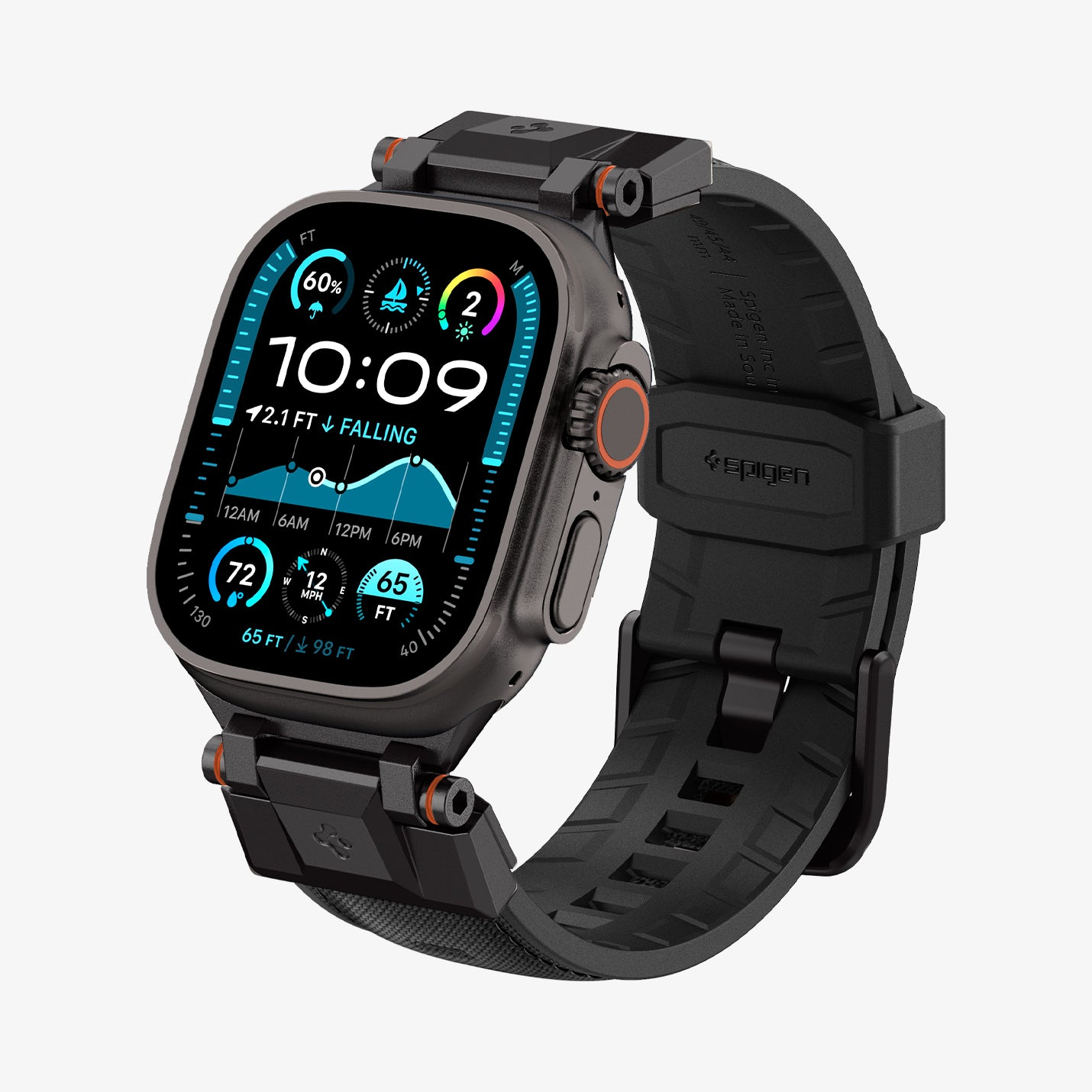 Apple Watch Ultra con cinturino nero. Il quadrante mostra l'ora, la temperatura e altre metriche.