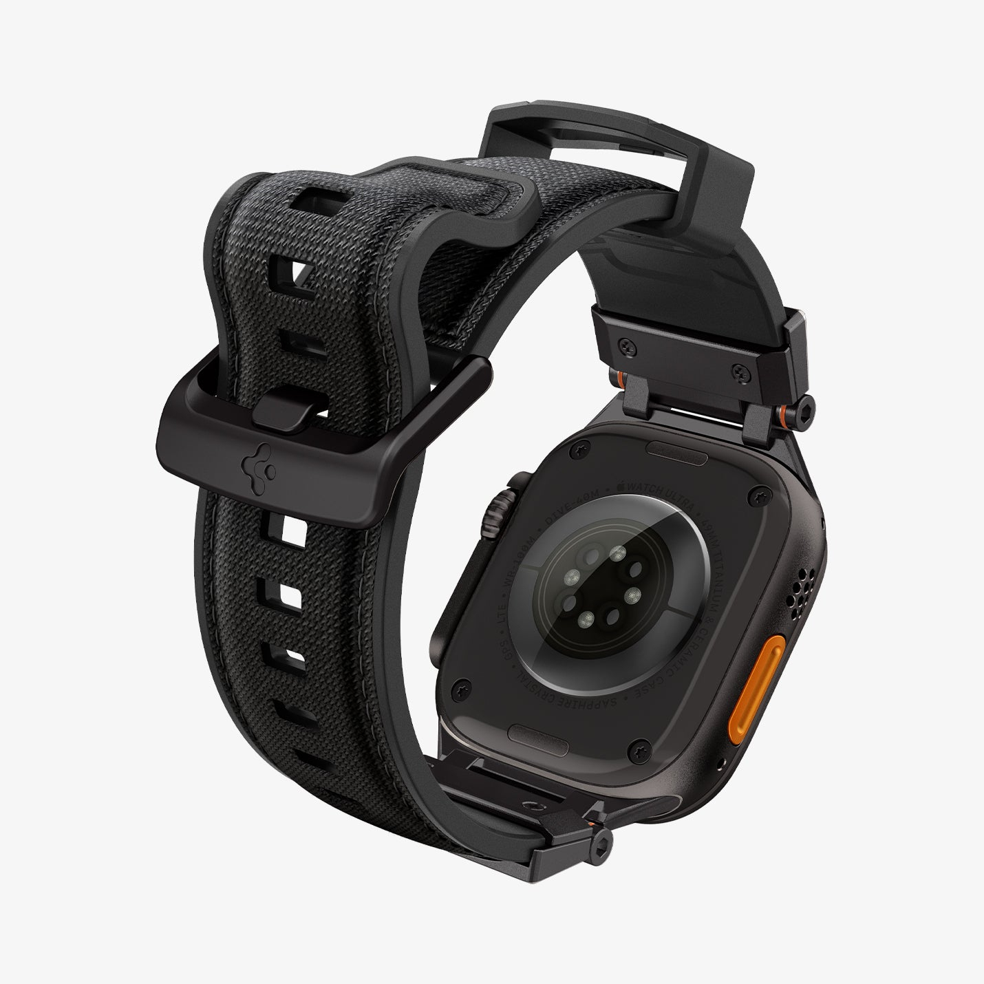 Smartwatch nero. Il retro mostra un sensore di frequenza cardiaca, collegato a un cinturino in tessuto nero.