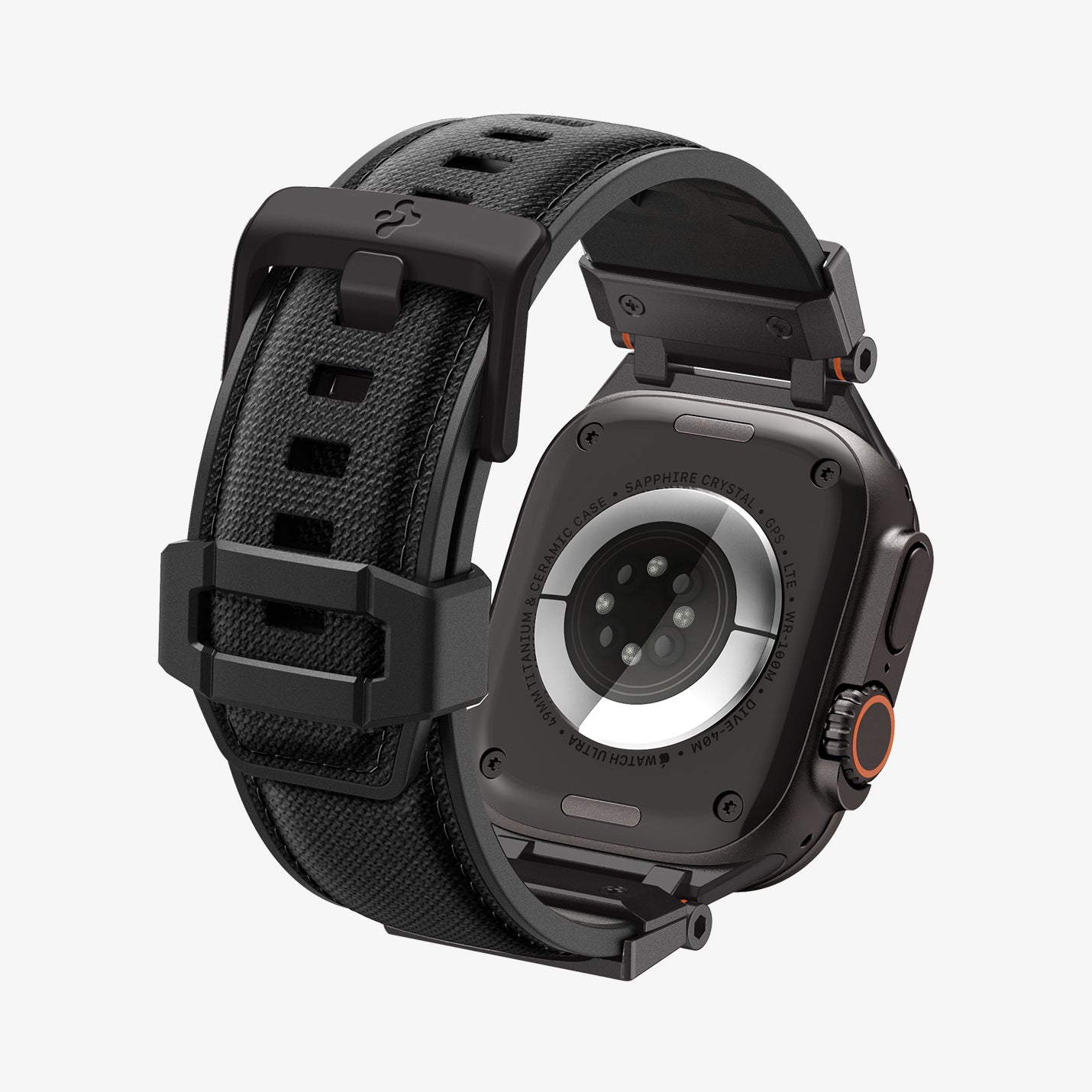 Orologio nero robusto, con cinturino nero e dettagli arancioni.