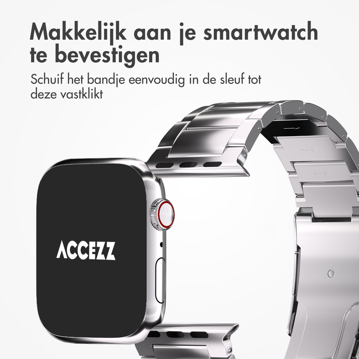 Smartwatch przymocowany do metalowego paska. Tekst: Łatwy do przymocowania do smartwatcha'.
