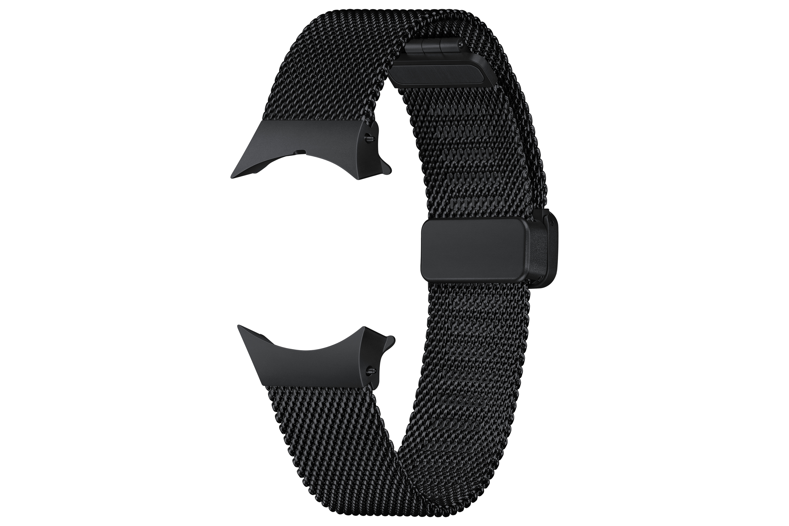 Cinturino nero in metallo con chiusura magnetica. Il cinturino è curvo.