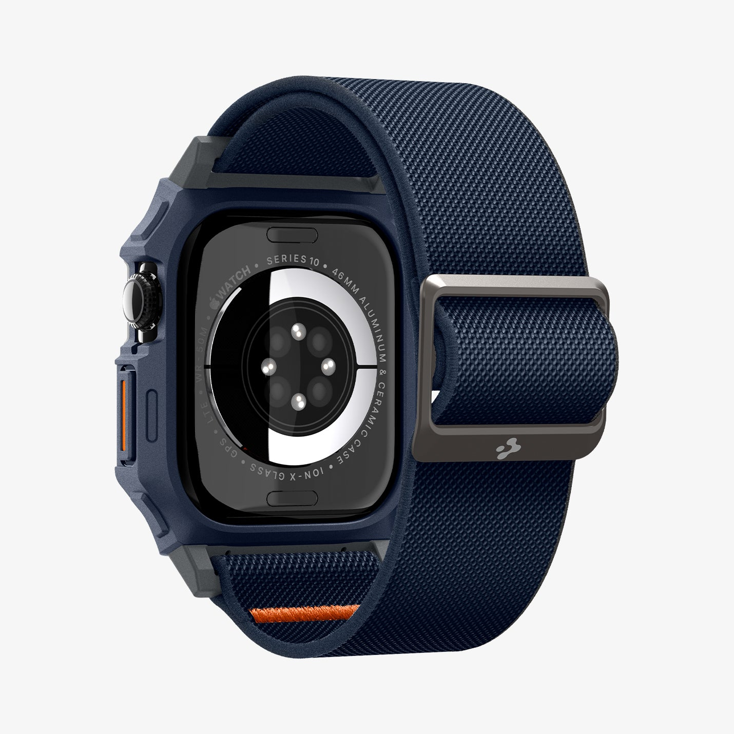 Granatowy smartwatch z pasującym paskiem. Widoczny jest tył, pokazujący czujniki i oznaczenia.