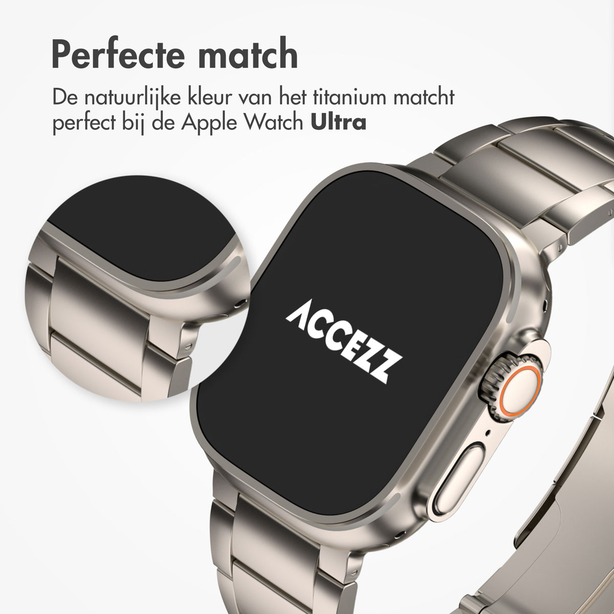 Srebrny Apple Watch Ultra z paskiem ze stali nierdzewnej. Tekst: 'ACCEZZ'.