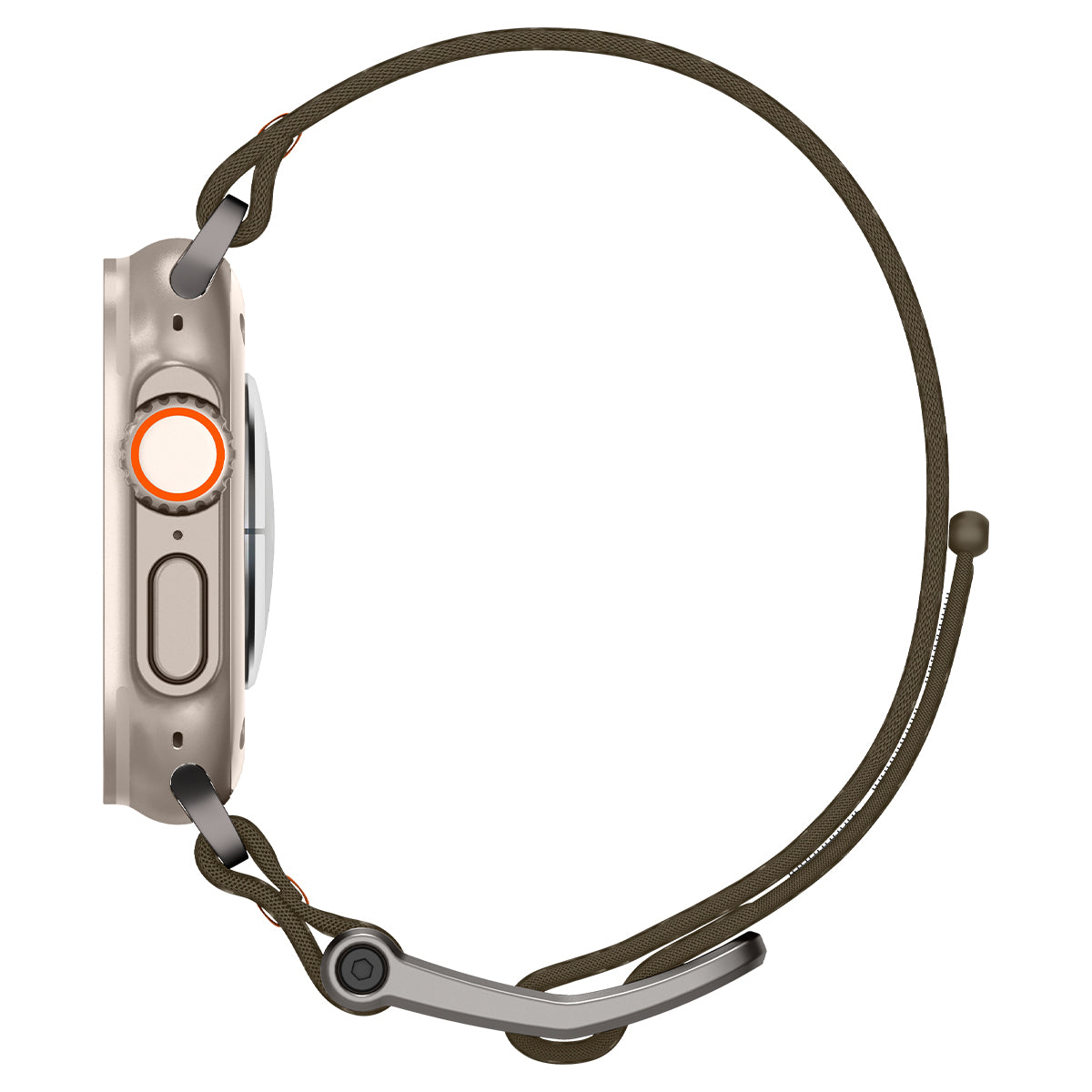 Srebrny smartwatch, widok z boku. Zielony pasek owija się. Pomarańczowy detal. Białe tło.