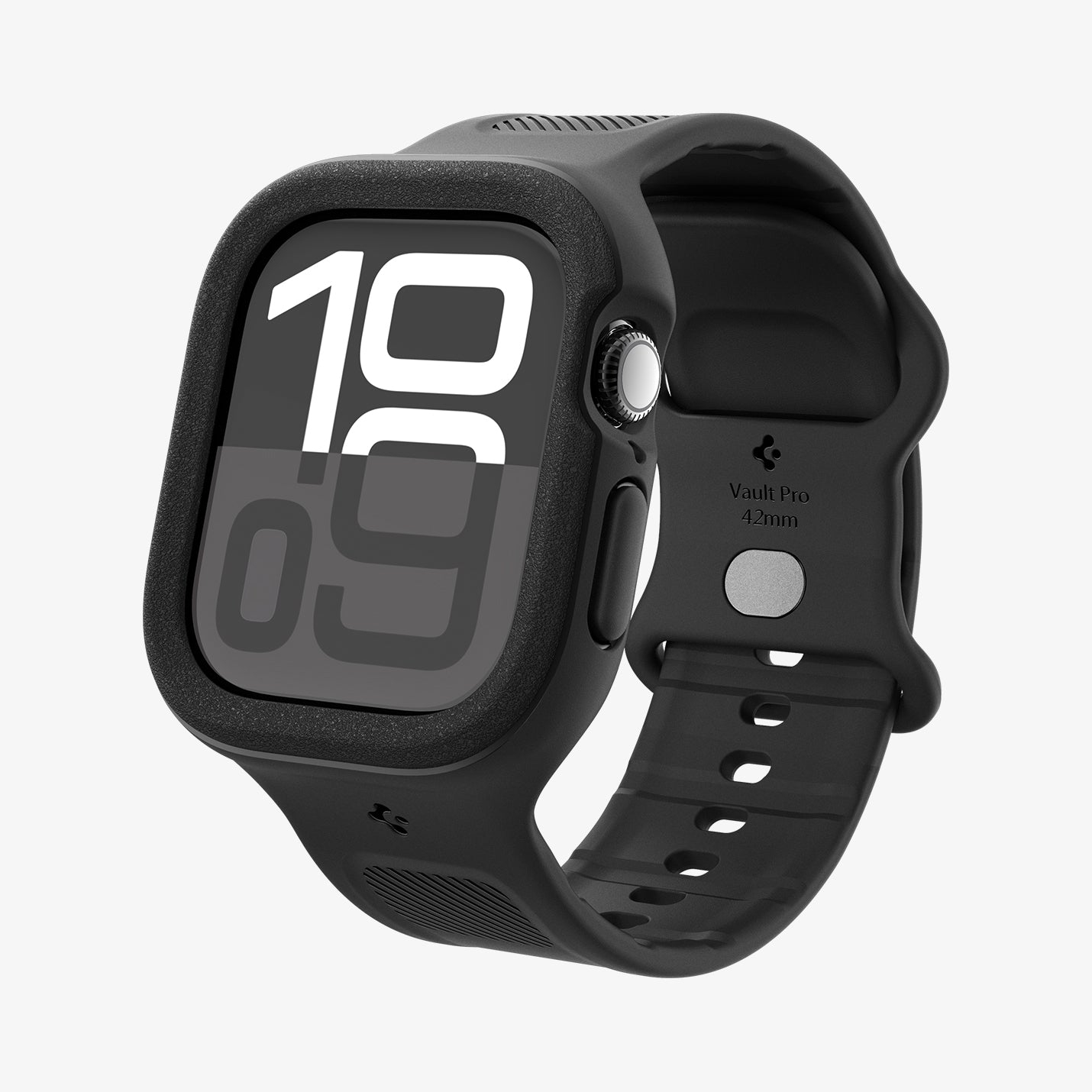 Czarny smartwatch z czarnym etui ochronnym. Ekran wyświetla informacje. Białe tło.