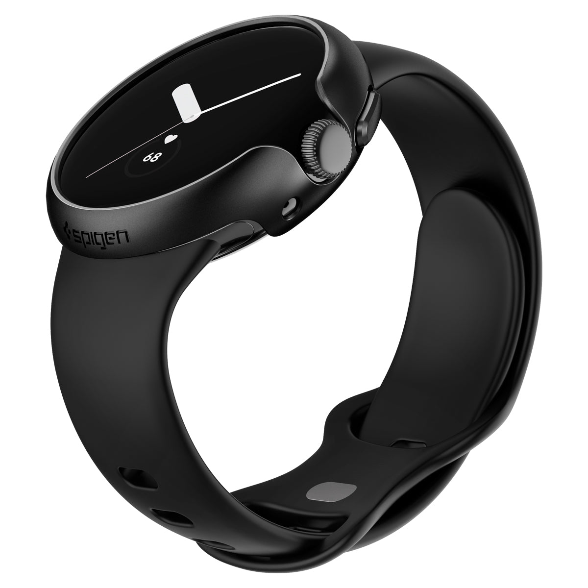 Smartwatch nero con cinturino nero. Il quadrante è nero con indicatori bianchi.