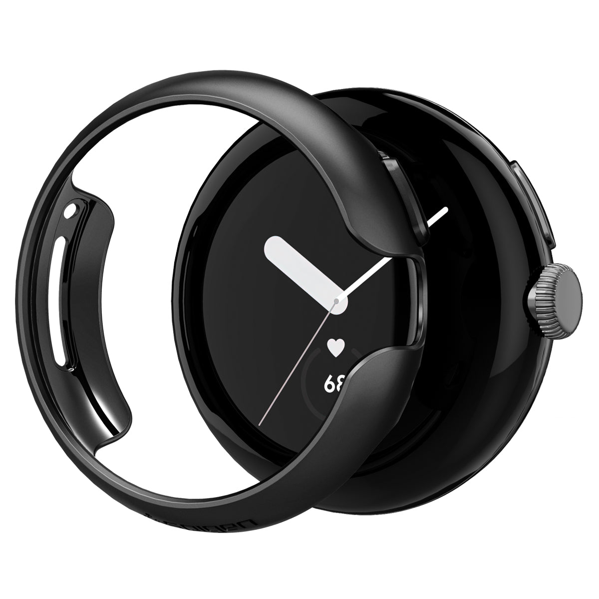 Smartwatch nero con una cover protettiva. Mostra il quadrante dell'orologio.