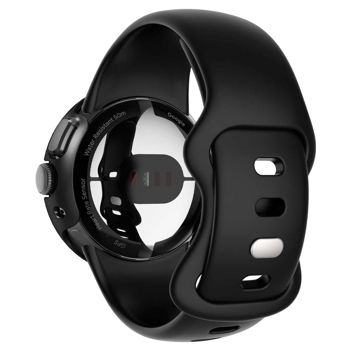 Smartwatch nero, vista posteriore. Sensore di frequenza cardiaca e marchio Google visibili.