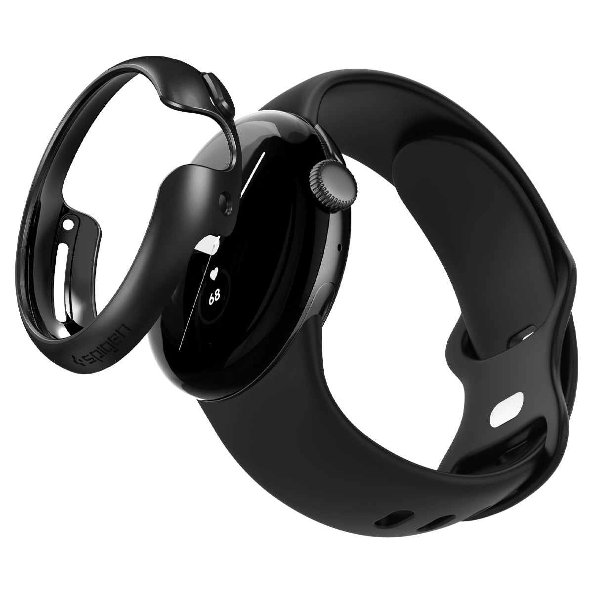 Smartwatch nero con cinturino nero. La custodia protettiva è nera. Il quadrante è nero.
