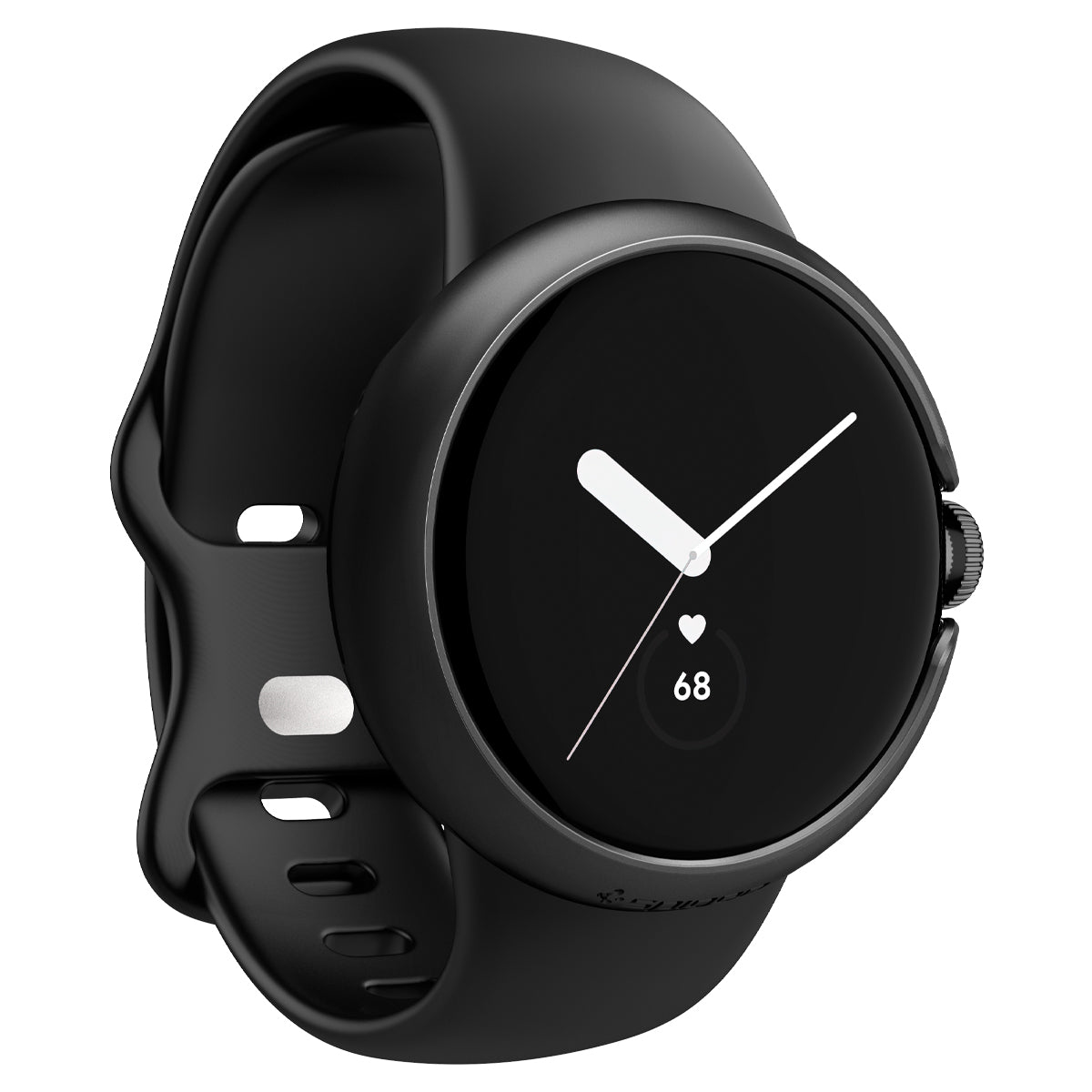 Smartwatch nero con cinturino nero. La cassa ha un guscio protettivo nero.