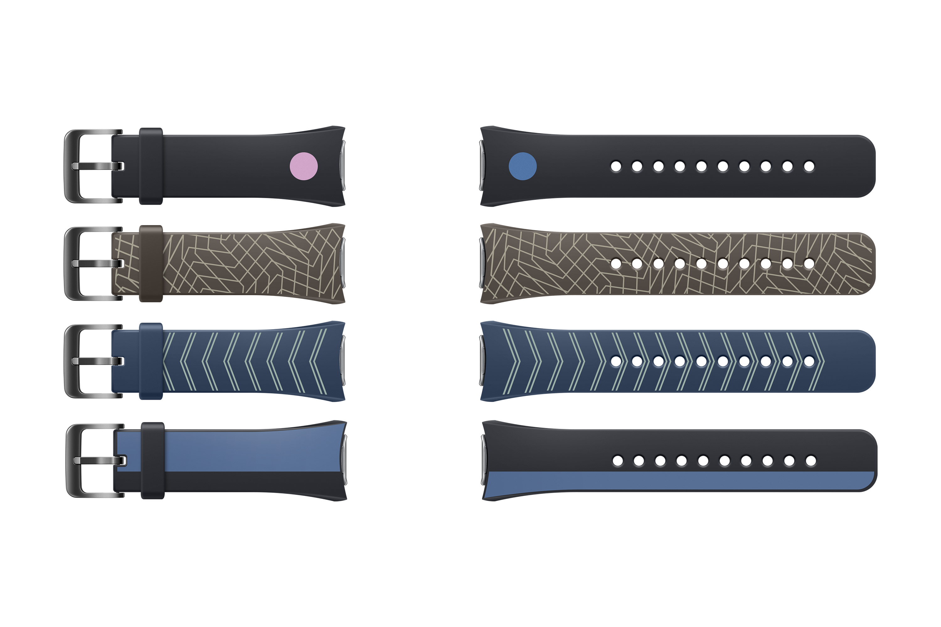 Cuatro correas de reloj. Cada una es de un color/patrón diferente.
