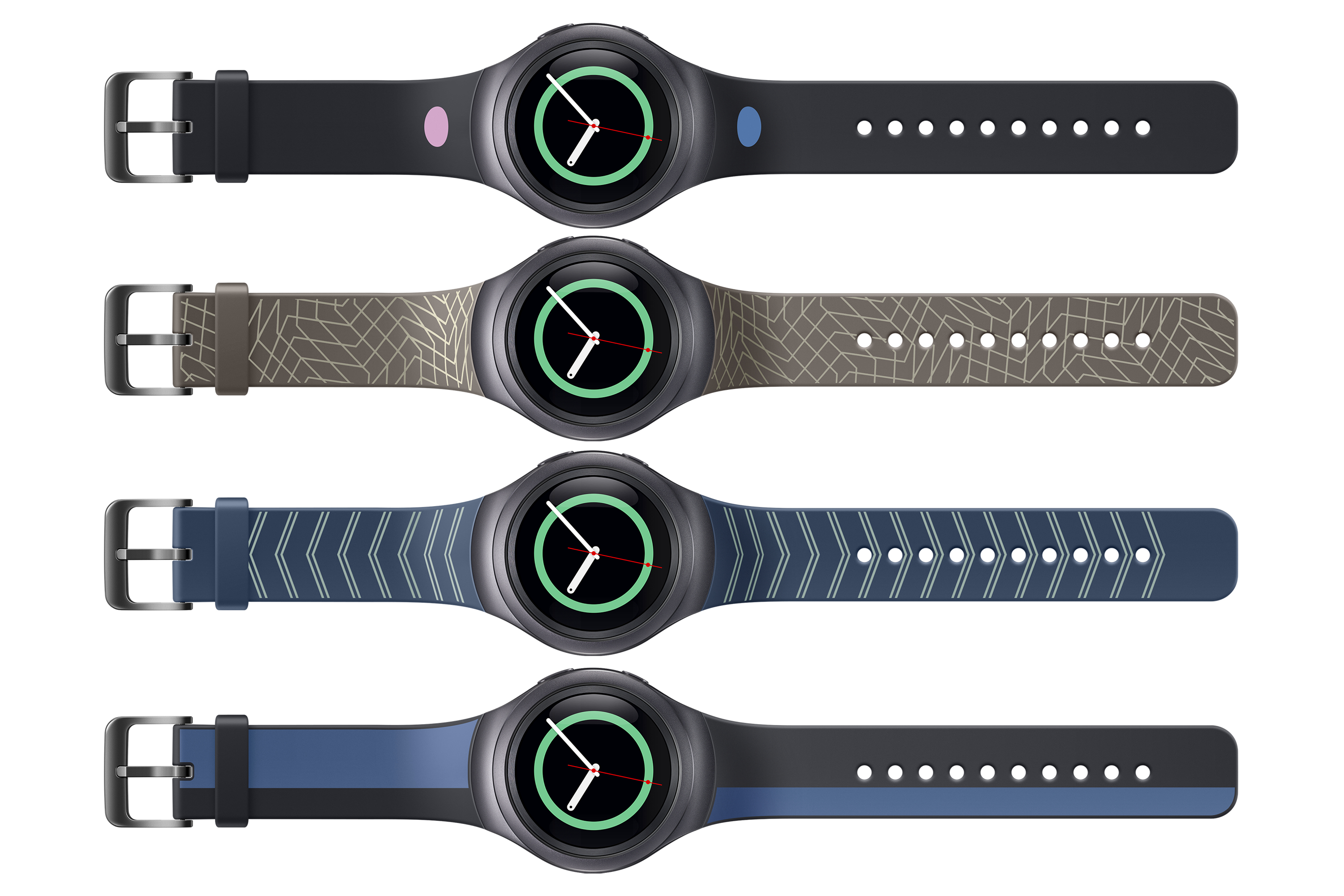 Cuatro relojes inteligentes con correas de diferentes colores, sobre fondo blanco.