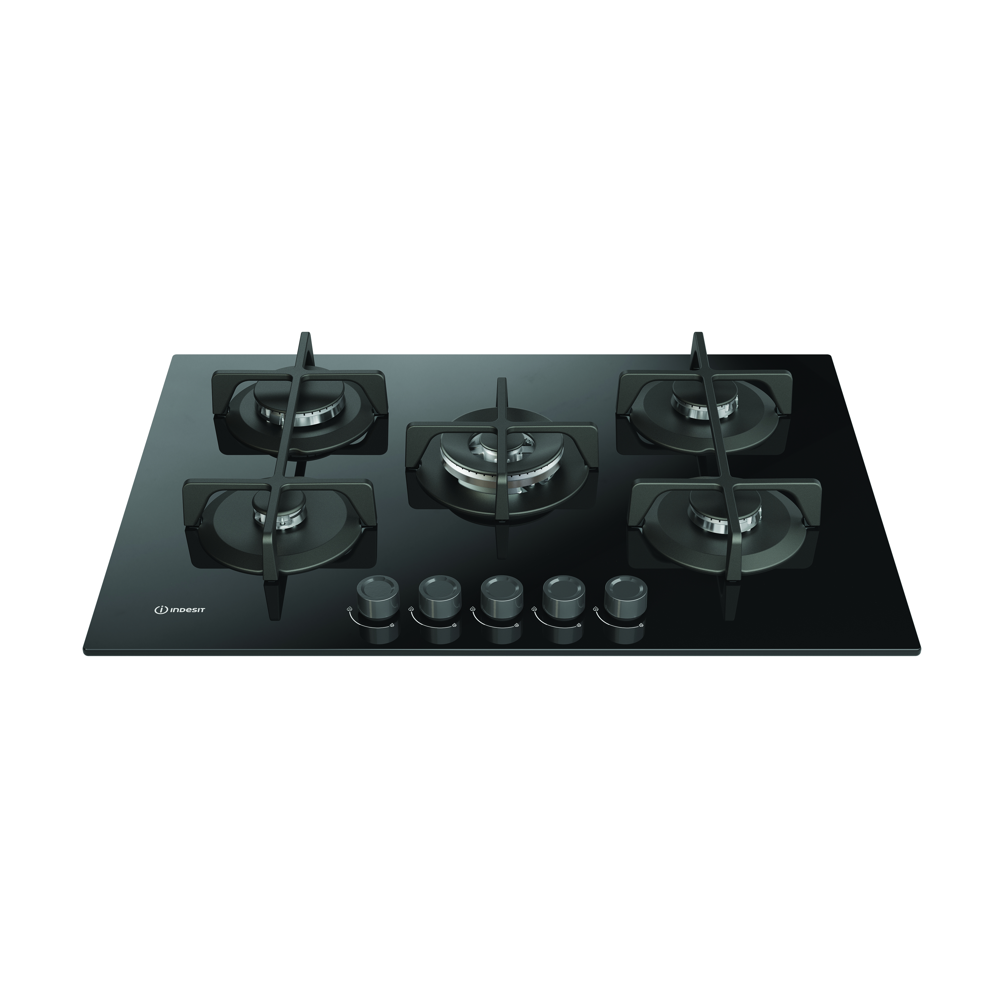 Czarna szklana płyta grzewcza z pięcioma palnikami i pokrętłami. Białe tło.