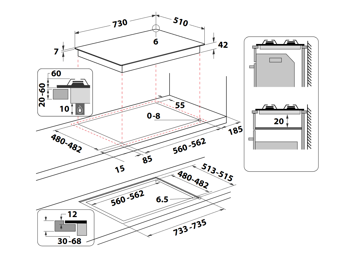 Rysunek techniczny płyty grzewczej, z wymiarami i szczegółami. Białe tło.
