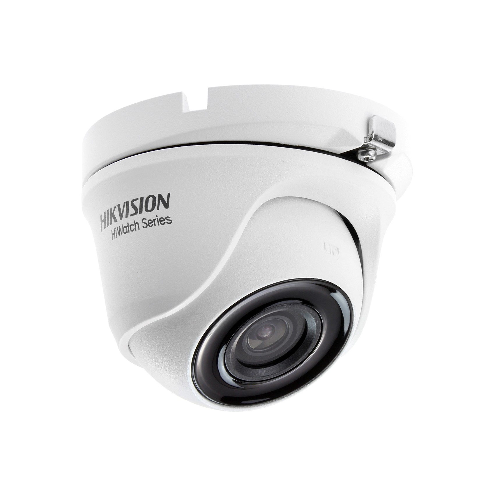 Witte beveiligingscamera met een zwarte lens en een koepelvormige bovenkant. Witte achtergrond.