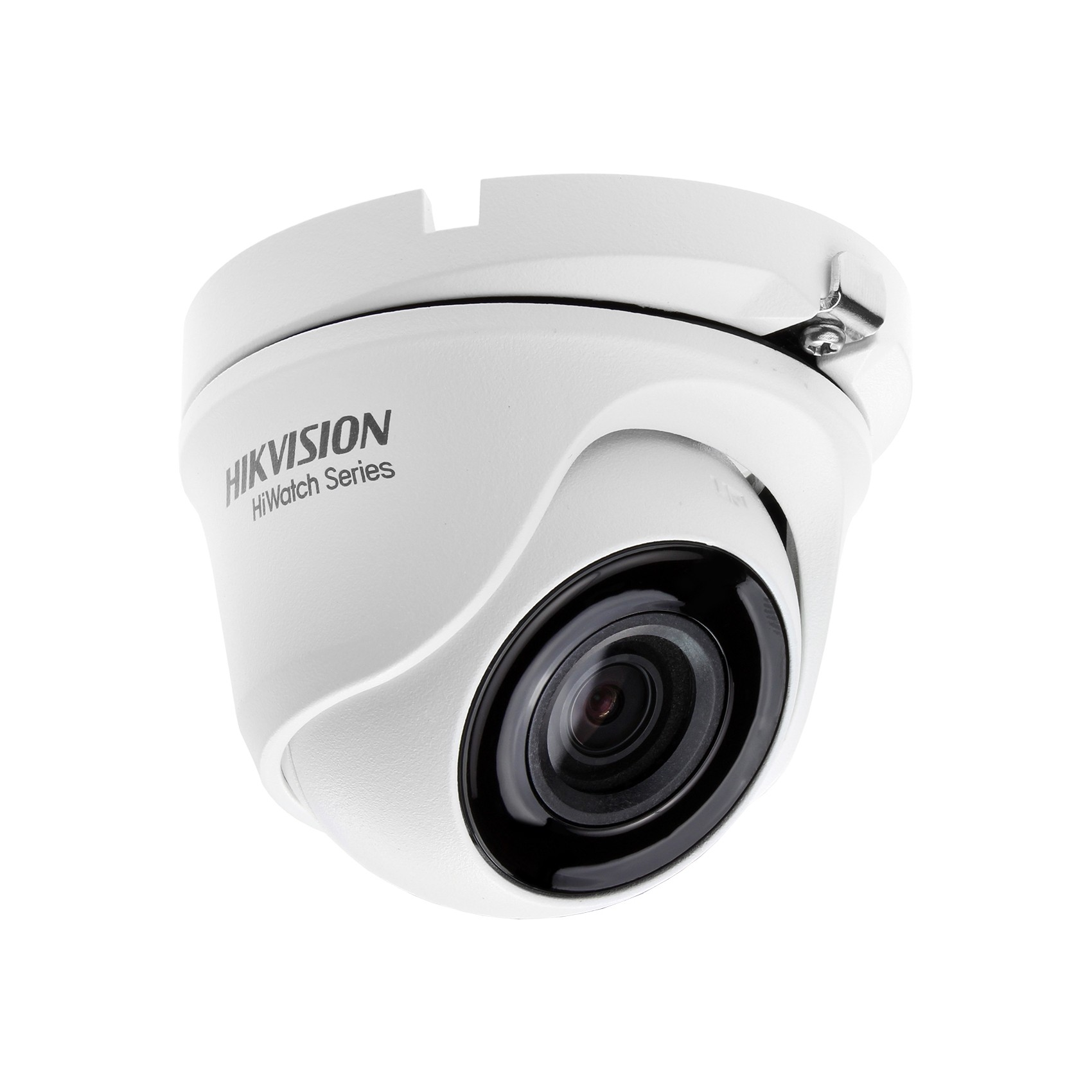 Witte beveiligingscamera met een zwarte lens en een koepelvormige bovenkant. Witte achtergrond.