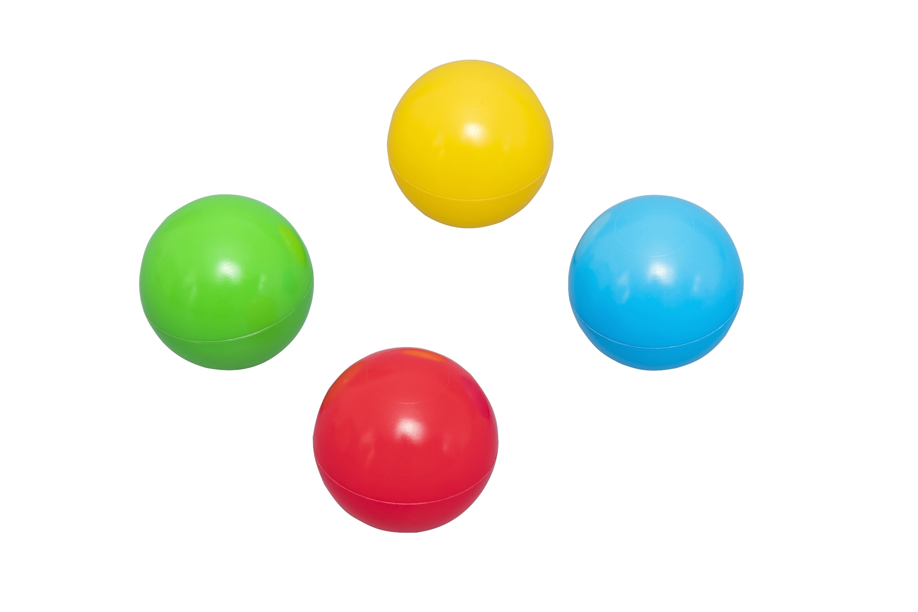 Quattro palline colorate: verde, giallo, blu e rosso, su sfondo bianco.