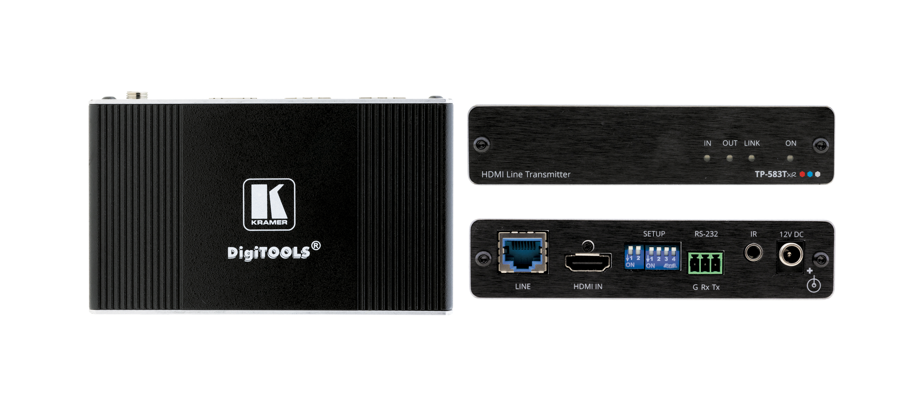Un trasmettitore di linea HDMI. Scatola nera con logo Kramer DigiTOOLS. Connessioni visibili.