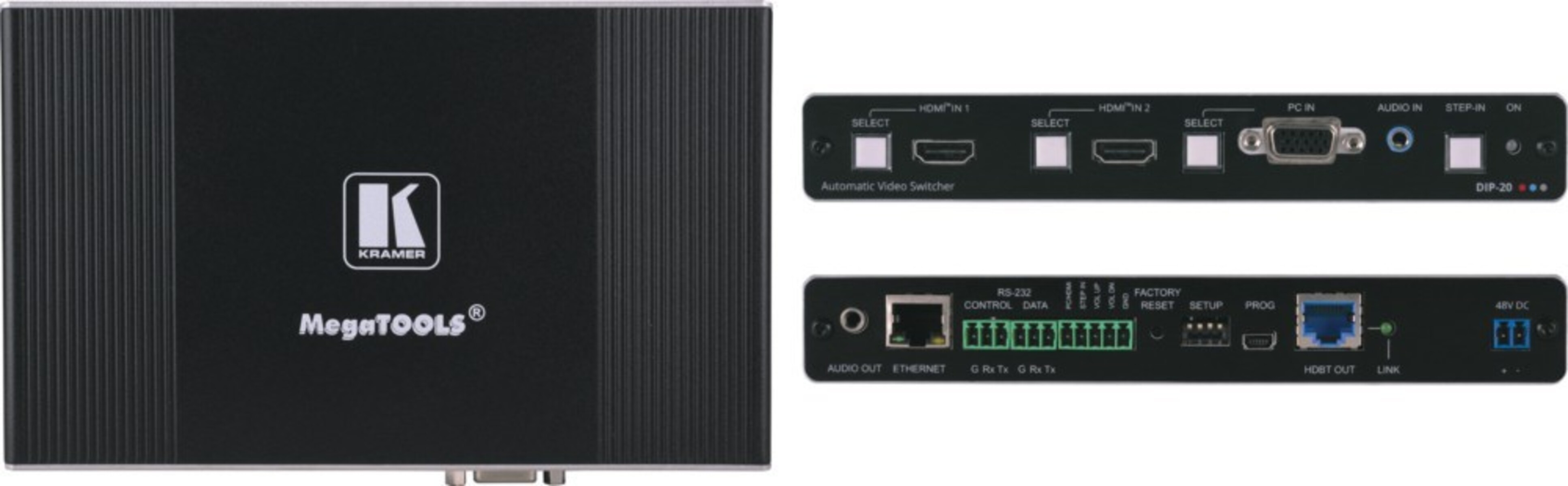 Switcher video Kramer nero con più porte. Vengono mostrate tre diverse visualizzazioni.